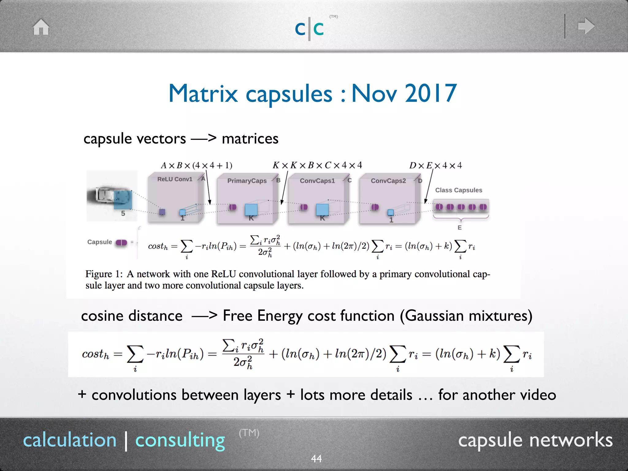 c|c
(TM)
(TM)
44
calculation | consulting capsule networks
Matrix capsules : Nov 2017
capsule vectors —> matrices
cosine distance —> Free Energy cost function (Gaussian mixtures)
+ convolutions between layers + lots more details … for another video
 