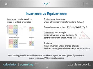 c|c
(TM)
(TM)
15
calculation | consulting capsule networks
Invariance vs Equivariance
Max pooling provides spatial Invariance, but Hinton argues we need spatial Equivariance.
so use vectors and Afﬁne transformations
Invariance: similar results if
image is shifted or rotated
Equivariance: invariance
under a Symmetry Transformations (S,A,…)
Group homomorphism: f(g*x)=g*f(x)=f(x)*g-1
Geometric: i.e. triangle
centers invariant under Similarity (S)
centroid invariant under Afﬁne (A)
Statistics:
mean: invariant under change of units
median: more generally invariant; a better statistic
 