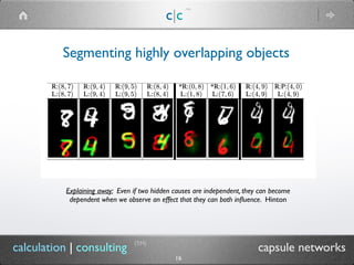 c|c
(TM)
(TM)
16
calculation | consulting capsule networks
Segmenting highly overlapping objects
Explaining away: Even if two hidden causes are independent, they can become
dependent when we observe an effect that they can both inﬂuence. Hinton
 