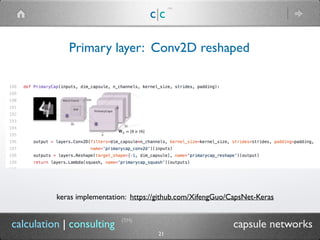c|c
(TM)
(TM)
21
calculation | consulting capsule networks
Primary layer: Conv2D reshaped
keras implementation: https://github.com/XifengGuo/CapsNet-Keras
 