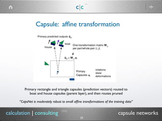 c|c
(TM)
(TM)
29
calculation | consulting capsule networks
Capsule: afﬁne transformation
Primary rectangle and triangle capsules (prediction vectors) routed to
boat and house capsules (parent layer), and then routes pruned
“CapsNet is moderately robust to small afﬁne transformations of the training data”
 