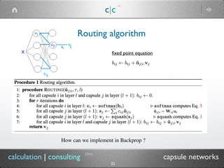 c|c
(TM)
(TM)
32
calculation | consulting capsule networks
Routing algorithm
How can we implement in Backprop ?
ﬁxed point equation
 