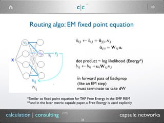 c|c
(TM)
(TM)
33
calculation | consulting capsule networks
Routing algo: EM ﬁxed point equation
in forward pass of Backprop
(like an EM step)
must terminate to take dW
dot product ~ log likelihood (Energy*)
*Similar to ﬁxed point equation for TAP Free Energy in the EMF RBM
**and in the later matrix capsule paper, a Free Energy is used explicitly
 