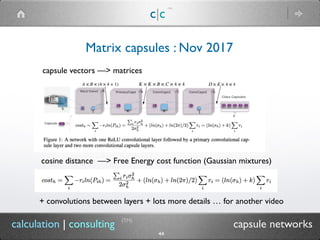 c|c
(TM)
(TM)
44
calculation | consulting capsule networks
Matrix capsules : Nov 2017
capsule vectors —> matrices
cosine distance —> Free Energy cost function (Gaussian mixtures)
+ convolutions between layers + lots more details … for another video
 