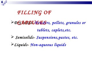 Dry solids- Powders, pellets, granules or
tablets, caplets,etc.
 Semisolids- Suspensions,pastes, etc.
Liquids- Non-aqueous liquids
FILLING OF
CAPSULES
 