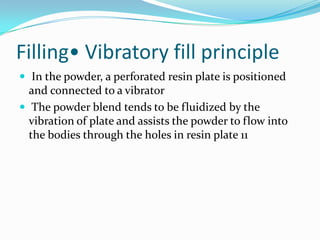Filling• Vibratory fill principle
 In the powder, a perforated resin plate is positioned
and connected to a vibrator
 The powder blend tends to be fluidized by the
vibration of plate and assists the powder to flow into
the bodies through the holes in resin plate 11
 