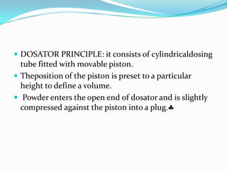  DOSATOR PRINCIPLE: it consists of cylindricaldosing
tube fitted with movable piston.
 Theposition of the piston is preset to a particular
height to define a volume.
 Powder enters the open end of dosator and is slightly
compressed against the piston into a plug.
 