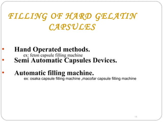 14
FILLING OF HARD GELATIN
CAPSULES
• Hand Operated methods.
ex: feton capsule filling machine
• Semi Automatic Capsules Devices.
• Automatic filling machine.
ex: osaka capsule filling machine ,macofar capsule filling machine
 