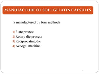 27
Is manufactured by four methods
1)Plate process
2)Rotary die process
3)Reciprocating die
4)Accogel machine
 