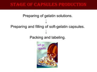 Preparing of gelatin solutions.
Preparing and filling of soft-gelatin capsules.
Packing and labeling.
Stage of capSuleS production
 