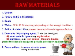 RAW MATERIAlSRAW MATERIAlS
1. Gelatin
2. FD & C and D & C colorant
3. Sugar
4. Water - 12 to 16 % (may vary depending on the storage condition )
5. Sulfur dioxide (15%) - prevent decomposition during manufacture
6. Colorants / Opacifying agent : There are two types
A) water soluble dyes – e.g. erythrosine
B) pigments – e.g. iron oxides , titanium dioxide
(make the capsule opaque to provide protection against light)
7. Preservatives: To prevent microbial growth
during manufacture
 