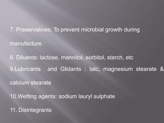7. Preservatives: To prevent microbial growth during
manufacture.
8. Diluents: lactose, mannitol, sorbitol, starch, etc
9.Lubricants and Glidants : talc, magnesium stearate &
calcium stearate
10.Wetting agents: sodium lauryl sulphate
11. Disintegrants
8
 