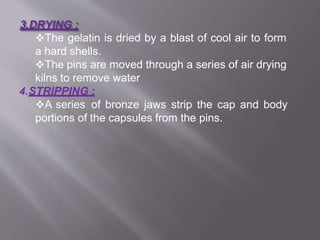The gelatin is dried by a blast of cool air to form
a hard shells.
The pins are moved through a series of air drying
kilns to remove water
4.STRIPPING :
A series of bronze jaws strip the cap and body
portions of the capsules from the pins.
20
 