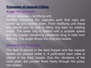 Auger Fill principle:
empty capsules – rectifying unit
Rectifier descends the capsules such that caps are
turned up and bodies down. From rectifying unit these
are placed one by one in filling ring kept on rotating
mode. The lower ring is rotated with a suitable speed
and the hopper containing powdered drug is held over
this ring. The auger drives the drug into bodies.
Vibratory Fill Principle:
The feed is placed in the feed hopper and the capsule
bodies are passed under it. A perforated resin plate is
placed in the feed hopper. Due the vibrations of the
resin plate, the powder flows freely through the pores
into bodies.
33
 