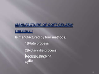 MANUFACTURE OF SOFT GELATIN
CAPSULE:
Is manufactured by four methods,
1)Plate process
2)Rotary die process
3
)
R
Ae
cc
cio
pg
ro
ec
l a
m
tia
nc
g
hine
4)die
46
 