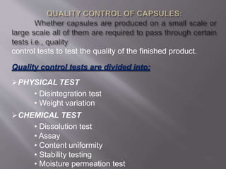 control tests to test the quality of the finished product.
Quality control tests are divided into;
PHYSICAL TEST
• Disintegration test
• Weight variation
CHEMICAL TEST
• Dissolution test
• Assay
• Content uniformity
• Stability testing
• Moisture permeation test
55
 