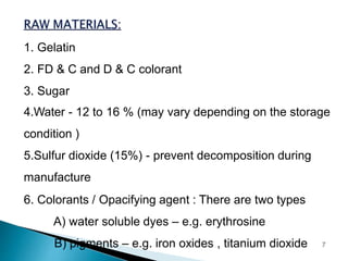 1. Gelatin
2. FD & C and D & C colorant
3. Sugar
4.Water - 12 to 16 % (may vary depending on the storage
condition )
5.Sulfur dioxide (15%) - prevent decomposition during
manufacture
6. Colorants / Opacifying agent : There are two types
A) water soluble dyes – e.g. erythrosine
B) pigments – e.g. iron oxides , titanium dioxide 7
 