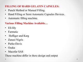 FILLING OF HARD GELATIN CAPSULES:
• Punch Method or Manual Filling.
• Hand Filling or Semi Automatic Capsules Devices.
• Automatic filling machine.
Various Filling Machine Available…
• Eli-lily
• Farmatic
• Hofliger and Karg
• Zanasi Nigris
• Parke-Davis
• Osaka
• Macofar SAS
These machine differ in there design and output
 