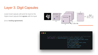 Lower level capsule will send its input to the
higher level capsule that agrees with its input
(a.k.a routing agreement)
Layer 3. Digit Capsules
 
