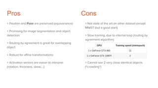 Pros Cons
+ Position and Pose are preserved (equivariance)
+ Promising for image segmentation and object
detection
+ Routing by agreement is great for overlapping
object
+ Robust for affine transformations
+ Activation vectors are easier to interpret
(rotation, thickness, skew,...)
+ Not state of the art on other dataset except
MNIST (but a good start)
+ Slow training, due to internal loop (routing by
agreement algorithm)
+ Cannot see 2 very close identical objects
("crowding")
 