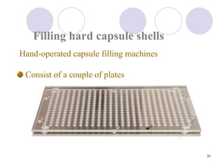 27
Hand-operated capsule filling machines
Consist of a couple of plates
Filling hard capsule shells
 