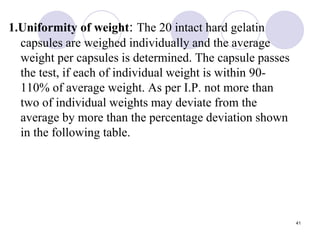 1.Uniformity of weight: The 20 intact hard gelatin
capsules are weighed individually and the average
weight per capsules is determined. The capsule passes
the test, if each of individual weight is within 90-
110% of average weight. As per I.P. not more than
two of individual weights may deviate from the
average by more than the percentage deviation shown
in the following table.
41
 