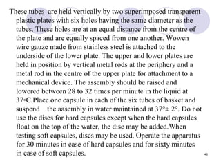 These tubes are held vertically by two superimposed transparent
plastic plates with six holes having the same diameter as the
tubes. These holes are at an equal distance from the centre of
the plate and are equally spaced from one another. Wowen
wire gauze made from stainless steel is attached to the
underside of the lower plate. The upper and lower plates are
held in position by vertical metal rods at the periphery and a
metal rod in the centre of the upper plate for attachment to a
mechanical device. The assembly should be raised and
lowered between 28 to 32 times per minute in the liquid at
37◦C.Place one capsule in each of the six tubes of basket and
suspend the aasembly in water maintained at 37°± 2°. Do not
use the discs for hard capsules except when the hard capsules
float on the top of the water, the disc may be added.When
testing soft capsules, discs may be used. Operate the apparatus
for 30 minutes in case of hard capsules and for sixty minutes
in case of soft capsules. 46
 