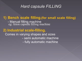 Hard capsule FILLING
1) Bench scale filling.(for small scale filling)
- Manual filling machine
eg: feton capsule filling machine
2) Industrial scale-filling.
Comes in varying shapes and sizes
- semi automatic machine
- fully automatic machine
 