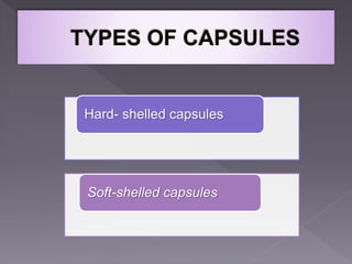 Hard- shelled capsules
Soft-shelled capsules
 