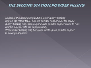 THE SECOND STATION:POWDER FILLING
Separate the holding ring,put the lower (body) holding
ring on the rotary table, pull the powder hopper over the lower
(body) holding ring, then auger inside powder hopper starts to run
and fill powder into the capsule body.
While Iower holding ring turns one circle, push powder hopper
to its original psition.
 