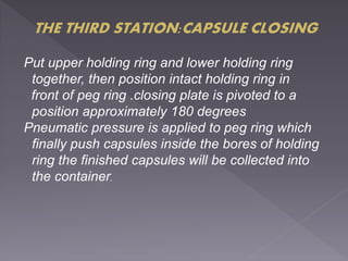 THE THIRD STATION:CAPSULE CLOSING
Put upper holding ring and lower holding ring
together, then position intact holding ring in
front of peg ring .closing plate is pivoted to a
position approximately 180 degrees
Pneumatic pressure is applied to peg ring which
finally push capsules inside the bores of holding
ring the finished capsules will be collected into
the container.
 