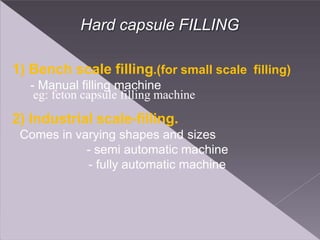 Hard capsule FILLING
1) Bench scale filling.(for small scale filling)
- Manual filling machine
eg: feton capsule filling machine
2) Industrial scale-filling.
Comes in varying shapes and sizes
- semi automatic machine
- fully automatic machine
 