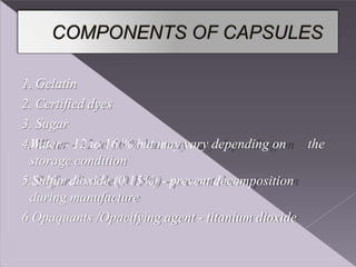 1. Gelatin
2. Certified dyes
3. Sugar
4.Water - 12 to 16 % but may vary depending on the
storage condition
5.Sulfur dioxide (0.15%) - prevent decomposition
during manufacture
6 Opaquants /Opacifying agent - titanium dioxide
 