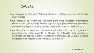 CAUSAS
 A etiologia da Capsulite Adesiva também continua incerta e as teorias
são variadas.
 No entanto, as evidências apontam para uma resposta inflamatória
crónica com subsequente fibrose capsular que possivelmente envolve o
aumento da deposição de citocinas como TGF- β, PDGF, TNF-α e IL-1
 As alterações encontradas incluem: contração e fibrose do ligamento
coracoumeral, espessamento e fibrose do intervalo dos rotadores,
contração da cápsula anterior e inferior, diminuição do volume articular
obliteração do recesso axilar e neovascularização
A. Pimentel,2011
 