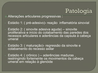  Alterações articulares progressivas :
• Estádio 1: ( pré-adesivo)- reação inflamatória sinovial
• Estádio 2: ( sinovite adesiva aguda) – sinovite
proliferativa e início do colabamento das paredes dos
recessos articulares e aderências da capsula à cabeça
umeral
• Estádio 3: ( maturação)- regressão da sinovite e
colabamento do recesso axilar
• Estádio 4: ( crônico ) – aderências maduras ,
restringindo fortemente os movimentos da cabeça
umeral em relação à glenóide
 