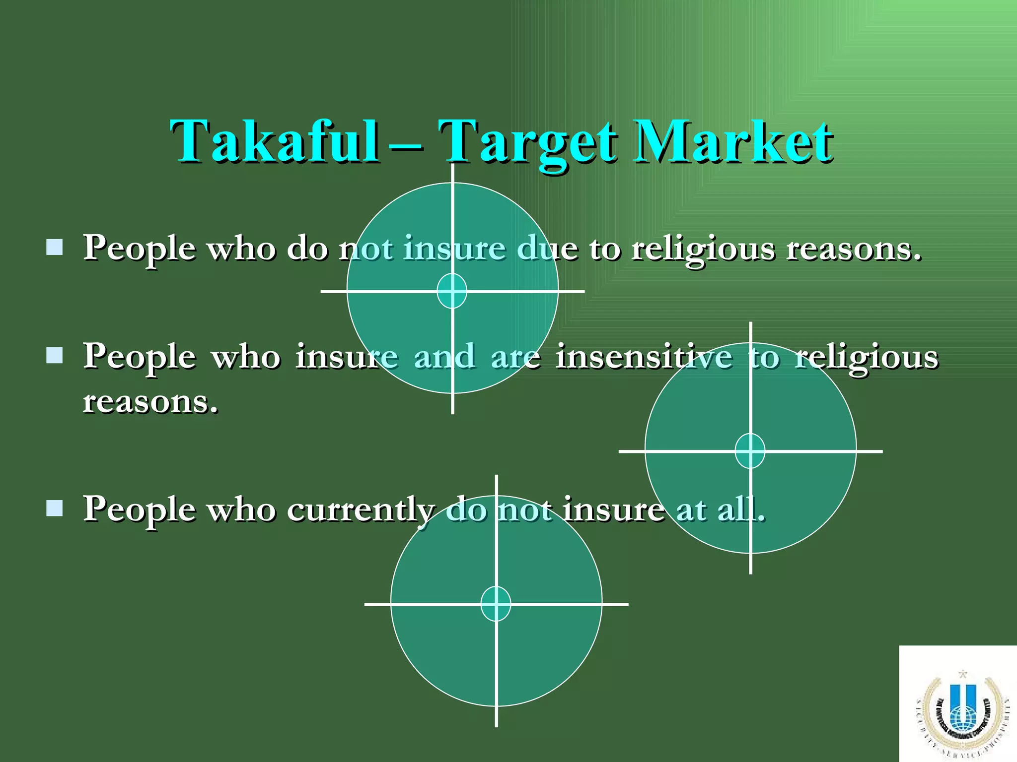 People who do not insure due to religious reasons. People who insure and are insensitive to religious reasons.  People who currently do not insure at all. Takaful   – Target Market 