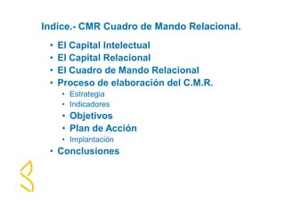 Indice.- CMR Cuadro de Mando Relacional. 
• El Capital Intelectual 
• El Capital Relacional 
• El Cuadro de Mando Relacional 
• Proceso de elaboración del C.M.R. 
• Estrategia 
• Indicadores 
• Objetivos 
• Plan de Acción 
• Implantación 
• Conclusiones 
 