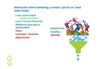 Alineación entre marketing y ventas: que es un ‘lead 
sales ready‘. 
Lead, oportunidad 
CLIENTE POTENCIAL 
Lead ≠ Cliente Potencial 
Referencia que pasa a 
oportunidad 
Visita 
Llamadas / Contacto 
Seguimiento 
MARKETING 
Cualifica 
VENTAS 
 