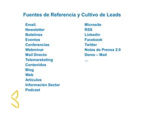 Fuentes de Referencia y Cultivo de Leads 
Email. 
Microsite 
Newsletter 
RSS 
Boletines 
Linkedin 
Eventos 
Facebook 
Conferencias 
Twitter 
Webminar 
Notas de Prensa 2.0 
Mail Directo 
Demo – Mail 
Telemareketing 
… 
Contenidos 
Blog 
Web 
Articulos 
Información Sector 
Podcast 
 