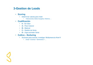 3-Gestion de Leads 
• Scoring 
• Determinar valores para medir 
• Interacciones, Datos recogidos, Histórico, … 
• Cualificación 
• 0 – Sin Valor 
• A – Para madurar 
• B – Madurar 
• C – Gestión de Venta 
• D – Urge acometer Venta 
• Cultivo – Nurturing 
• Acciones para conocer, investigar. Multipresencia Nivel II 
• Email + Eventos + Seminarios + … 
 