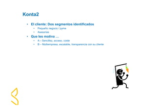 Konta2 
• El cliente: Dos segmentos identificados 
• Pequeño negocio / pyme 
• Asesorías 
• Que les motiva … 
• A – Sencillez, acceso, coste 
• B – Multiempresa, escalable, transparencia con su cliente 
 