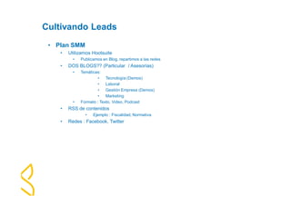 Cultivando Leads 
• Plan SMM 
• Utilizamos Hootsuite 
• Publicamos en Blog, repartimos a las redes 
• DOS BLOGS?? (Particular / Asesorías) 
• Temáticas: 
• Tecnología (Demos) 
• Laboral 
• Gestión Empresa (Demos) 
• Marketing 
• Formato : Texto, Video, Podcast 
• RSS de contenidos 
• Ejemplo : Fiscalidad, Normativa 
• Redes : Facebook, Twitter 
 