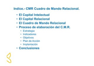 Indice.- CMR Cuadro de Mando Relacional. 
• El Capital Intelectual 
• El Capital Relacional 
• El Cuadro de Mando Relacional 
• Proceso de elaboración del C.M.R. 
• Estrategia 
• Indicadores 
• Objetivos 
• Plan de Acción 
• Implantación 
• Conclusiones 
 