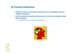 El Capital Intelectual 
• Cada vez más la empresa se valora por sus intangibles, por su 
capital intelectual. 
• La información económico-financiera no mide el verdadero valor 
de la empresa. 
• No explican cómo se producen los resultados. 
 