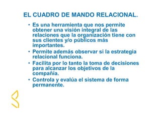 EL CUADRO DE MANDO RELACIONAL. 
• Es una herramienta que nos permite 
obtener una visión integral de las 
relaciones que la organización tiene con 
sus clientes y/o públicos más 
importantes. 
• Permite además observar si la estrategia 
relacional funciona. 
• Facilita por lo tanto la toma de decisiones 
para alcanzar los objetivos de la 
compañía. 
• Controla y evalúa el sistema de forma 
permanente. 
 