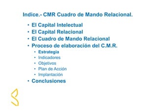 Indice.- CMR Cuadro de Mando Relacional. 
• El Capital Intelectual 
• El Capital Relacional 
• El Cuadro de Mando Relacional 
• Proceso de elaboración del C.M.R. 
• Estrategia 
• Indicadores 
• Objetivos 
• Plan de Acción 
• Implantación 
• Conclusiones 
 