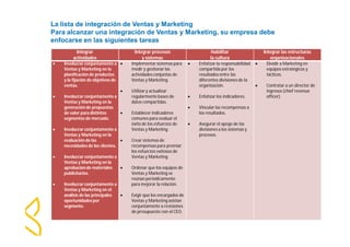 La lista de integración de Ventas y Marketing 
Para alcanzar una integración de Ventas y Marketing, su empresa debe 
enfocarse en las siguientes tareas 
Integrar 
actividades 
Integrar procesos 
y sistemas 
Habilitar 
la cultura 
Integrar las estructuras 
organizacionales 
 Involucrar conjuntamente a 
Ventas y Marketing en la 
planificación de productos 
y la fijación de objetivos de 
ventas. 
 Involucrar conjuntamente a 
Ventas y Marketing en la 
generación de propuestas 
de valor para distintos 
segmentos de mercado. 
 Involucrar conjuntamente a 
Ventas y Marketing en la 
evaluación de las 
necesidades de los clientes. 
 Involucrar conjuntamente a 
Ventas y Marketing en la 
aprobación de materiales 
publicitarios. 
 Involucrar conjuntamente a 
Ventas y Marketing en el 
análisis de las principales 
oportunidades por 
segmento. 
 Implementar sistemas para 
medir y gestionar las 
actividades conjuntas de 
Ventas y Marketing. 
 Utilizar y actualizar 
regularmente bases de 
datos compartidas. 
 Establecer indicadores 
comunes para evaluar el 
éxito de los esfuerzos de 
Ventas y Marketing. 
 Crear sistemas de 
recompensas para premiar 
los esfuerzos exitosos de 
Ventas y Marketing. 
 Ordenar que los equipos de 
Ventas y Marketing se 
reúnan periódicamente 
para mejorar la relación. 
 Exigir que los encargados de 
Ventas y Marketing asistan 
conjuntamente a revisiones 
de presupuesto con el CEO. 
 Enfatizar la responsabilidad 
compartida por los 
resultados entre las 
diferentes divisiones de la 
organización. 
 Enfatizar los indicadores. 
 Vincular las recompensas a 
los resultados. 
 Asegurar el apego de las 
divisiones a los sistemas y 
procesos. 
 Dividir a Marketing en 
equipos estratégicos y 
tácticos. 
 Contratar a un director de 
ingresos (chief revenue 
officer). 
 