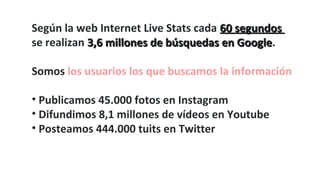 Según la web Internet Live Stats cada 60 segundos60 segundos
se realizan 3,6 millones de búsquedas en Google3,6 millones de búsquedas en Google.
Somos los usuarios los que buscamos la información
• Publicamos 45.000 fotos en Instagram
• Difundimos 8,1 millones de vídeos en Youtube
• Posteamos 444.000 tuits en Twitter
 