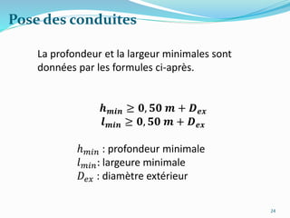 Pose des conduites
La profondeur et la largeur minimales sont
données par les formules ci-après.
𝒉 𝒎𝒊𝒏 ≥ 𝟎, 𝟓𝟎 𝒎 + 𝑫 𝒆𝒙
𝒍 𝒎𝒊𝒏 ≥ 𝟎, 𝟓𝟎 𝒎 + 𝑫 𝒆𝒙
ℎ 𝑚𝑖𝑛 : profondeur minimale
𝑙 𝑚𝑖𝑛: largeure minimale
𝐷𝑒𝑥 : diamètre extérieur
24
 
