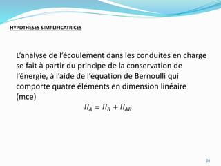 L’analyse de l’écoulement dans les conduites en charge
se fait à partir du principe de la conservation de
l’énergie, à l’aide de l’équation de Bernoulli qui
comporte quatre éléments en dimension linéaire
(mce)
HYPOTHESES SIMPLIFICATRICES
𝐻𝐴 = 𝐻 𝐵 + 𝐻𝐴𝐵
26
 